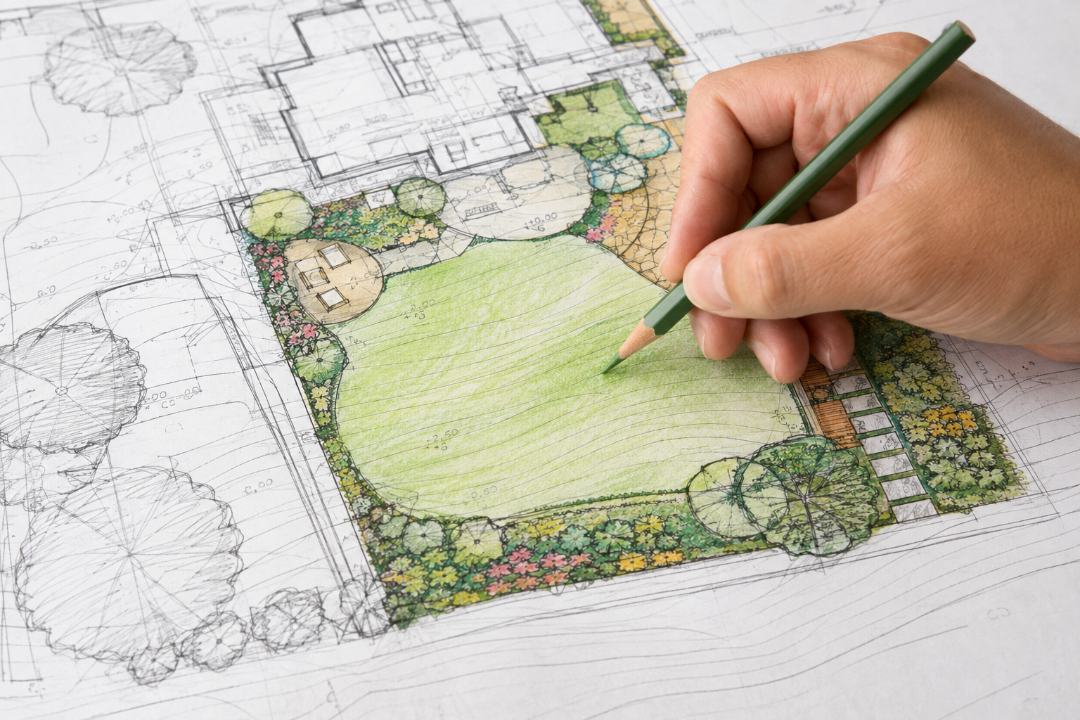 A person's hand is holding a pencil, under their hand is a piece of paper with drawings of a garden lanscaping design in colour pencil.