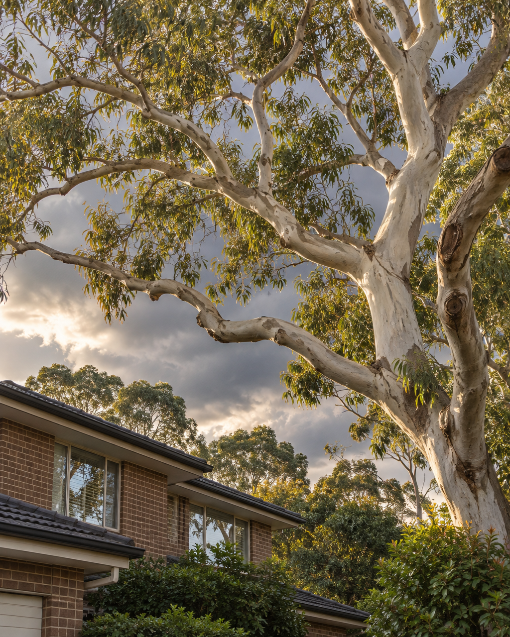 Sydney large tree in Summer, with a Sydney house in the background and an el nino storm brewing behind it with dark clouds.
